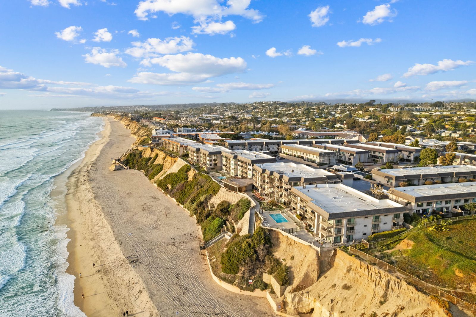 Aerial of the coastline and bluffs in North County San Diego
